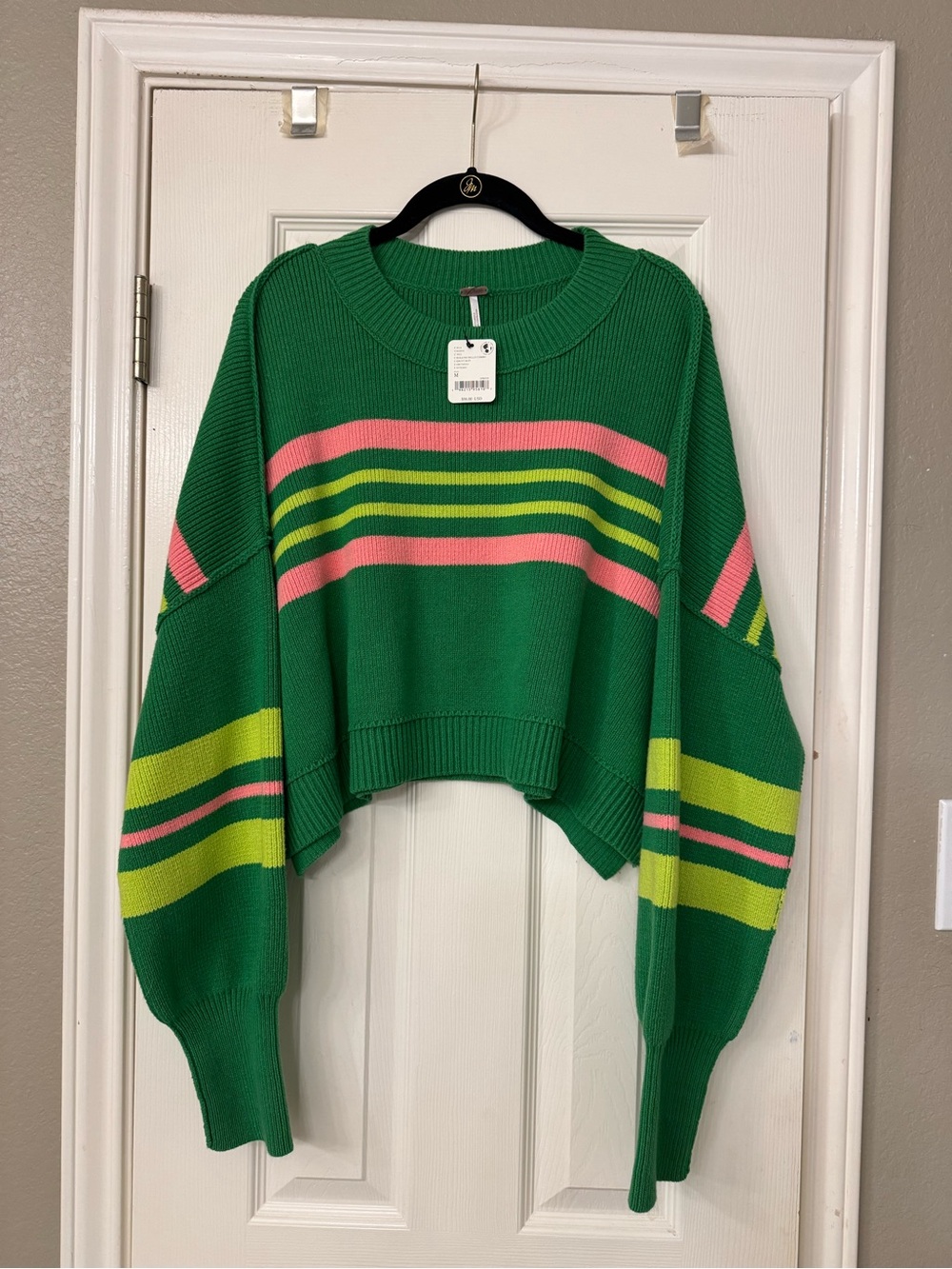 Free People Green Cropped Crewneck Sweater with Pink & Lime Stripes
